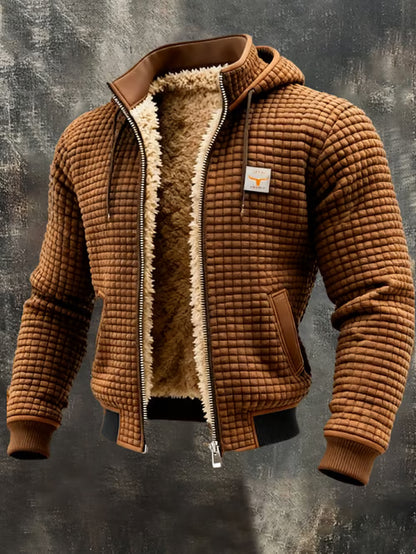 Chaqueta outdoor de hombre con estructura retro y estampado de cuadros cuadrados, cuello doble, cálida y con múltiples bolsillos