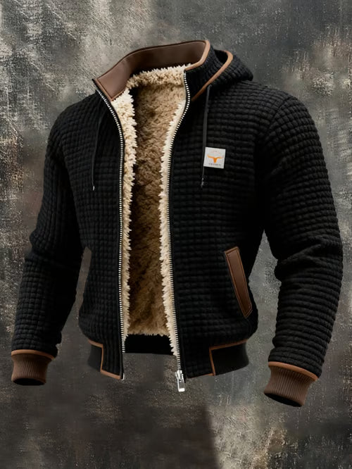 Chaqueta outdoor de hombre con estructura retro y estampado de cuadros cuadrados, cuello doble, cálida y con múltiples bolsillos