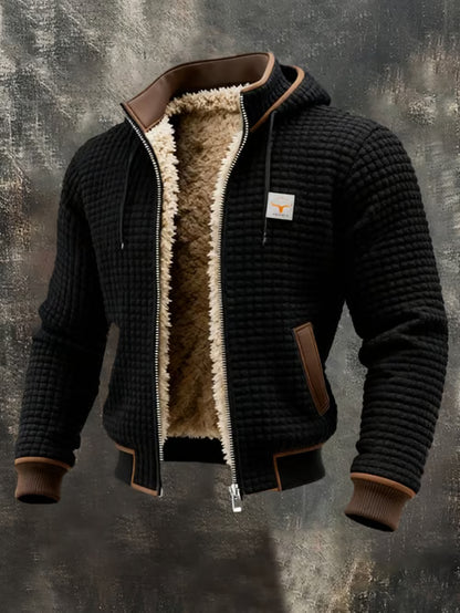 Chaqueta outdoor de hombre con estructura retro y estampado de cuadros cuadrados, cuello doble, cálida y con múltiples bolsillos